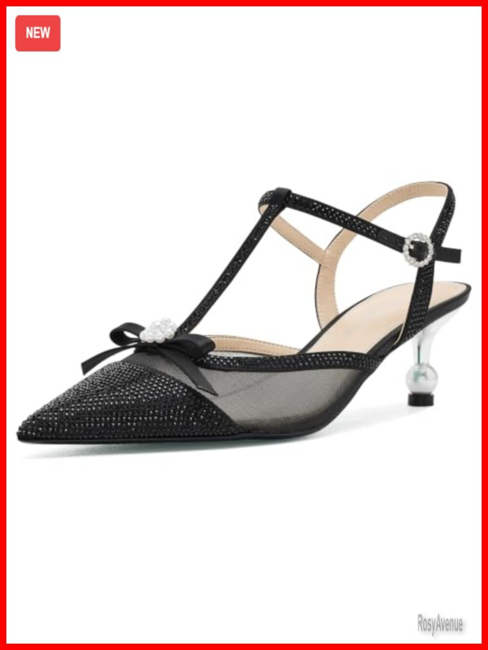 Pointed Toe Mesh Kitten Heel T-Strap Buckle Party Evening Pump